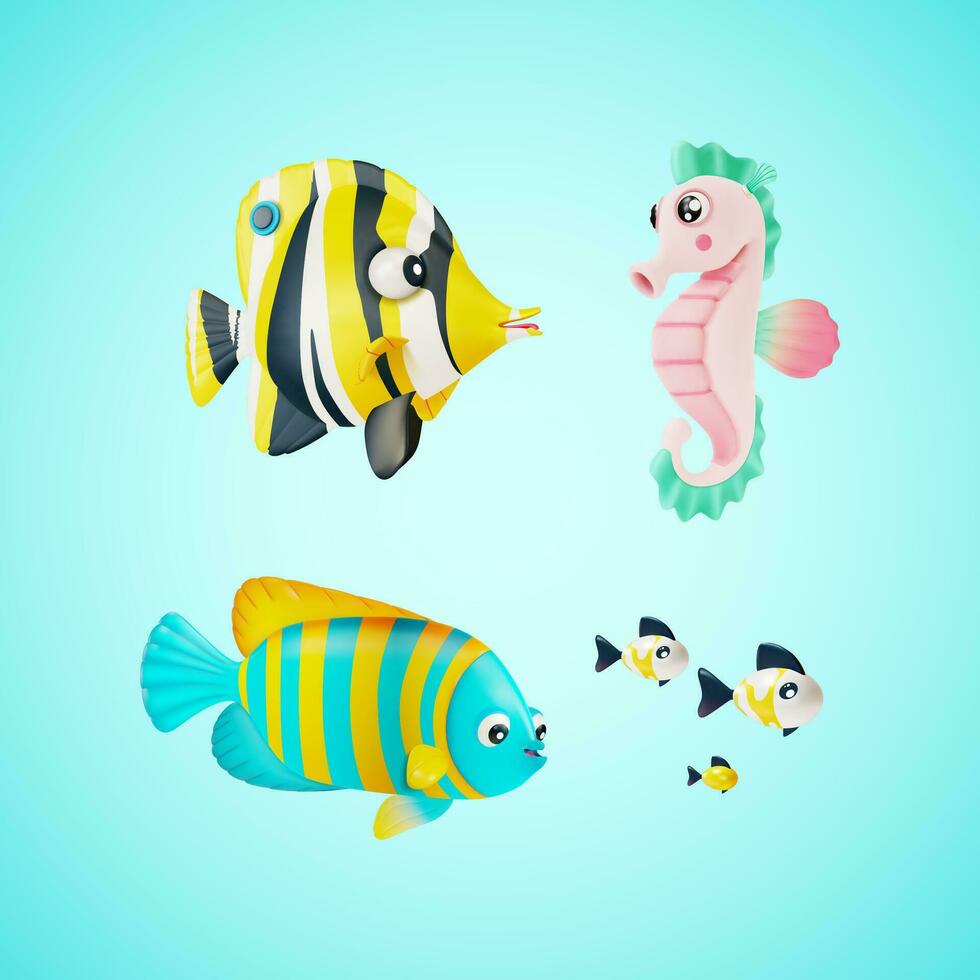3d color linda mar caballo y pescado conjunto dibujos animados estilo. vector