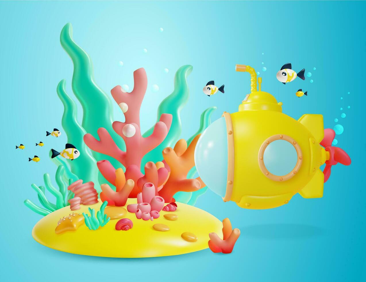 3d Color Underwater World Scene Concept Cartoon Style. Vector