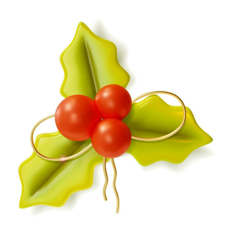 3d Green Branch Mistletoe with Leaves and Red Berries Cartoon Style. Vector
