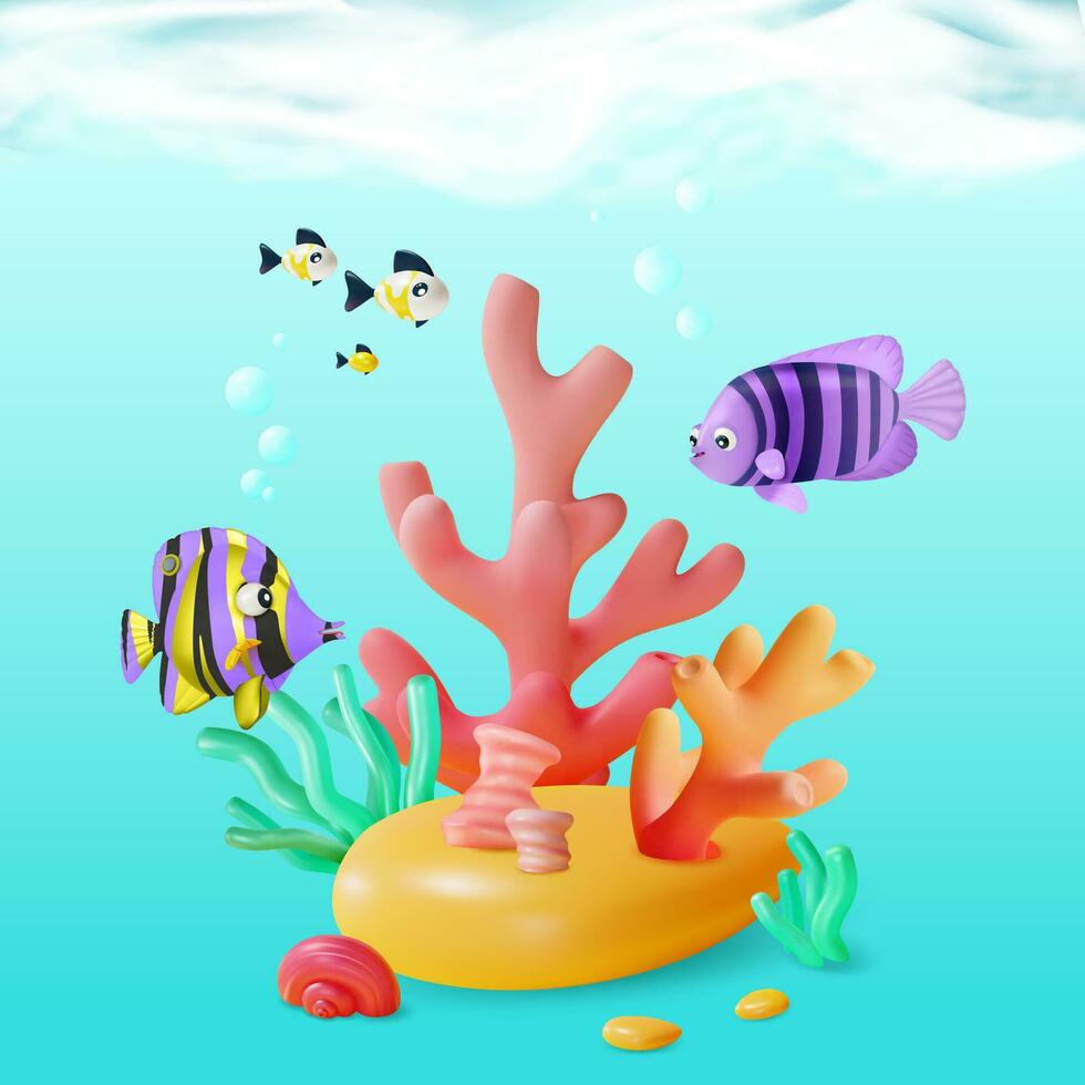 3d Color Underwater World Scene Concept Cartoon Style. Vector