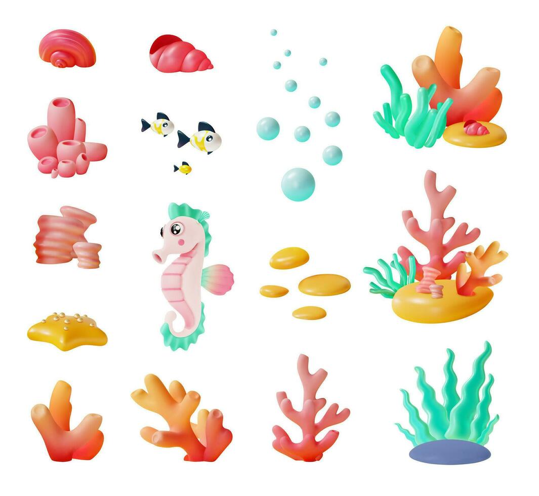 3d Underwater World and Diving Adventure Concept Icon Set Cartoon Style. Vector