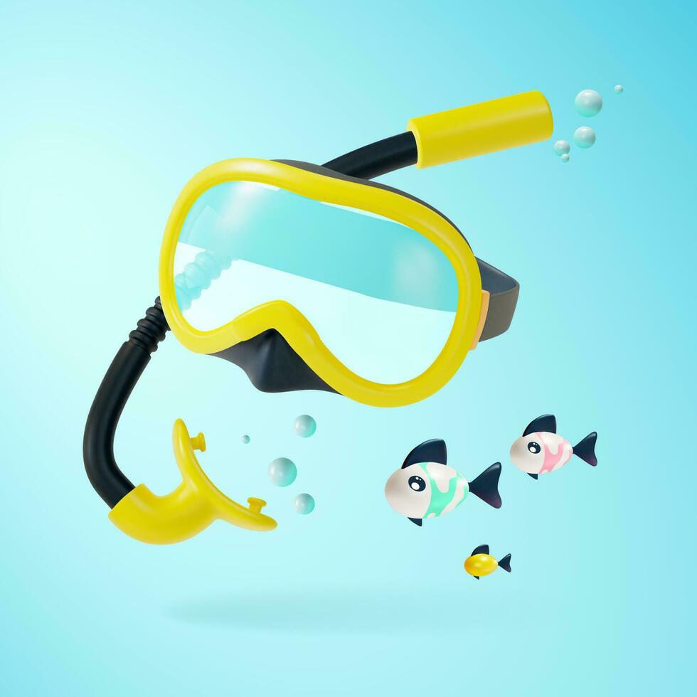 3d buceo máscara y tubo respirador con pescado conjunto dibujos animados estilo. vector