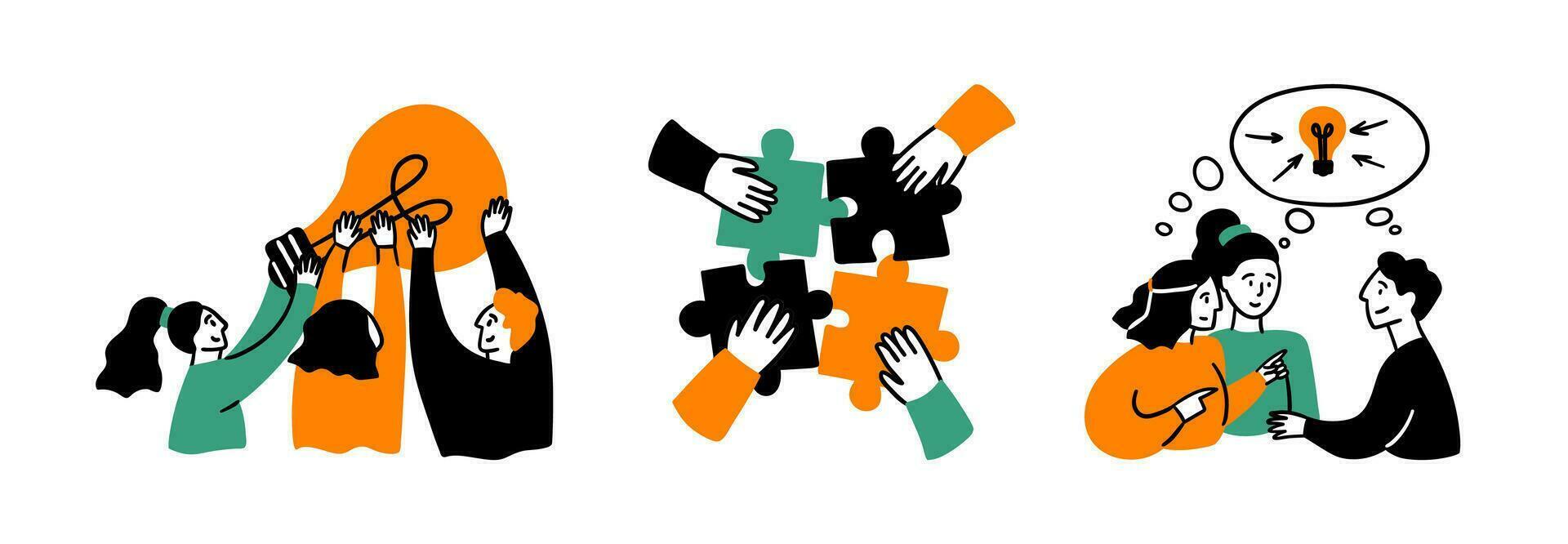 Cartoon Color Teamwork Concept Scene Set. Vector