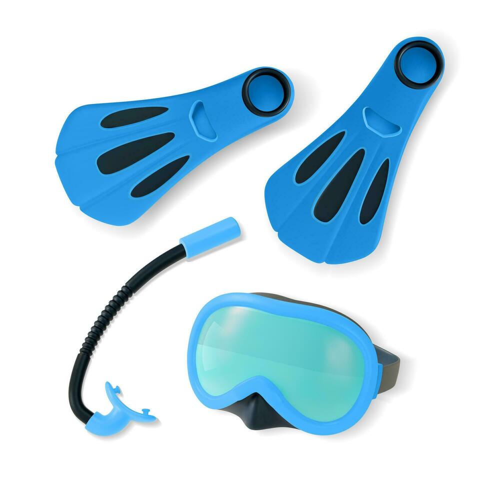 3d azul buceo mascarilla, tubo respirador y aletas conjunto dibujos animados estilo. vector