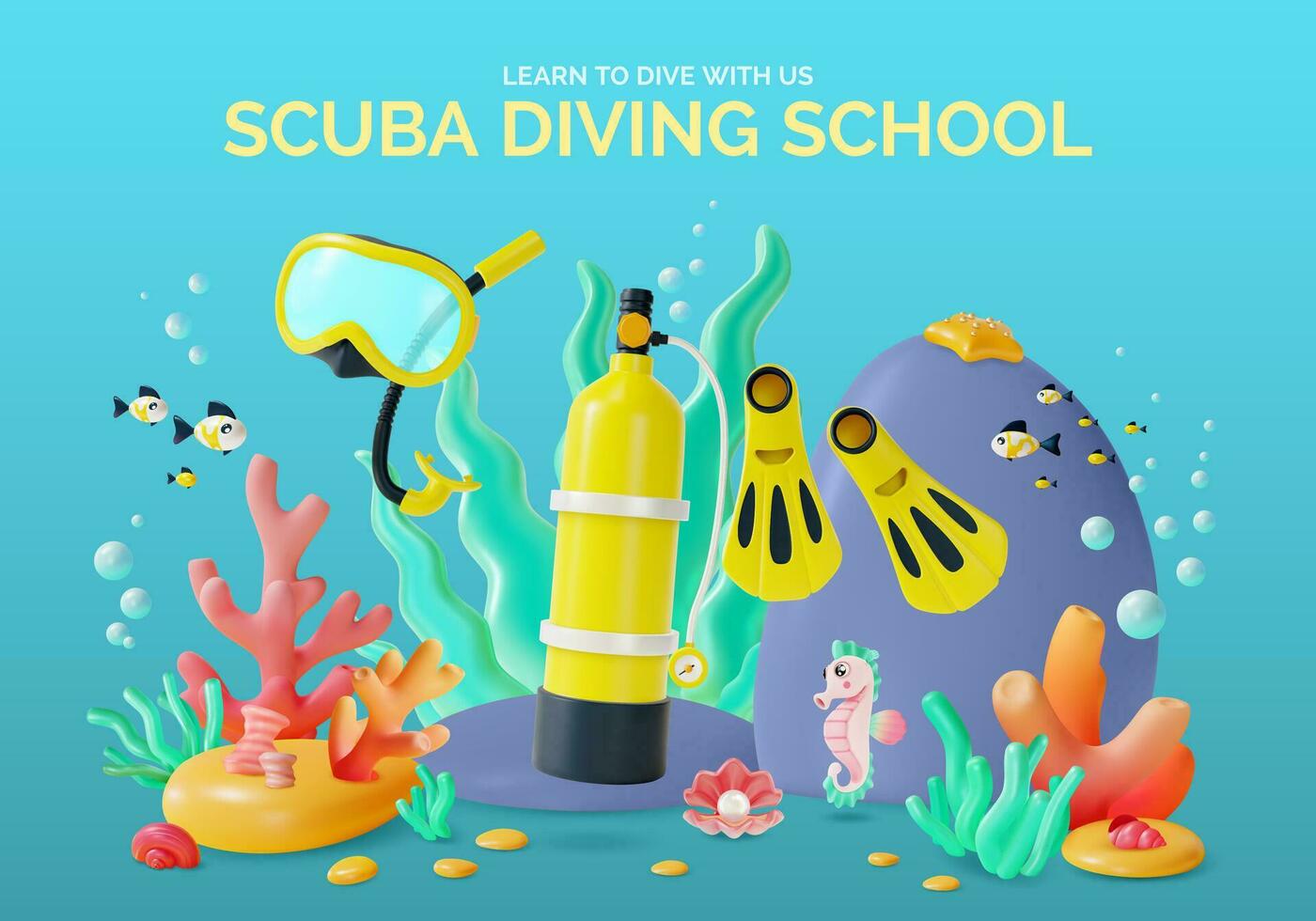 3d Scuba Diving School Placard Poster Banner Card Template Cartoon Style. Vector