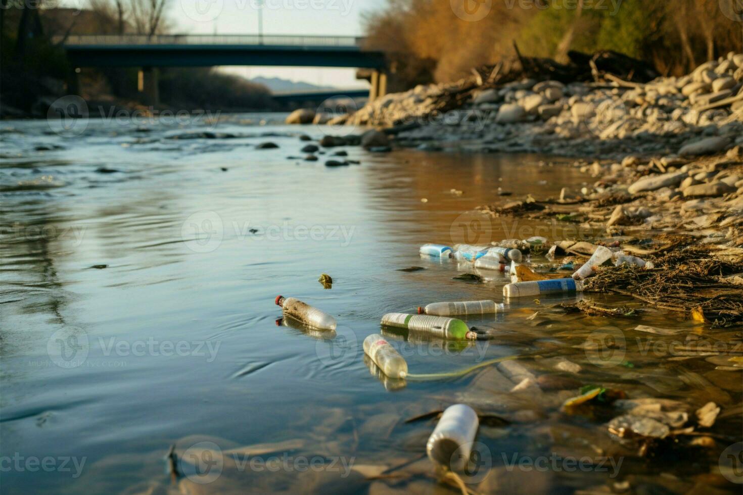 Garbage and plastic waste near the rivers edge exacerbate water pollution AI Generated photo