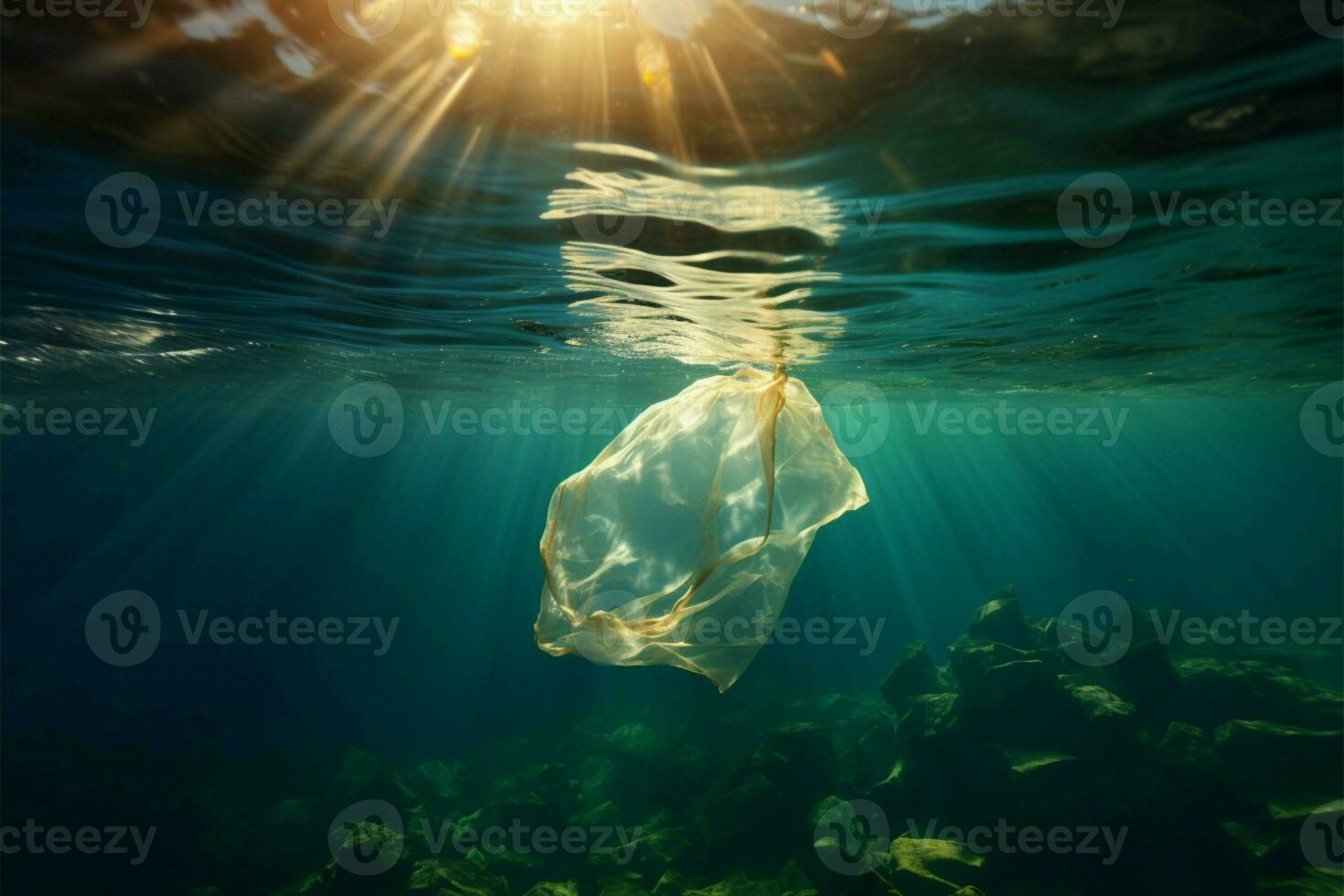 marina contaminación representado como un el plastico bolso flotadores debajo el olas ai generado foto