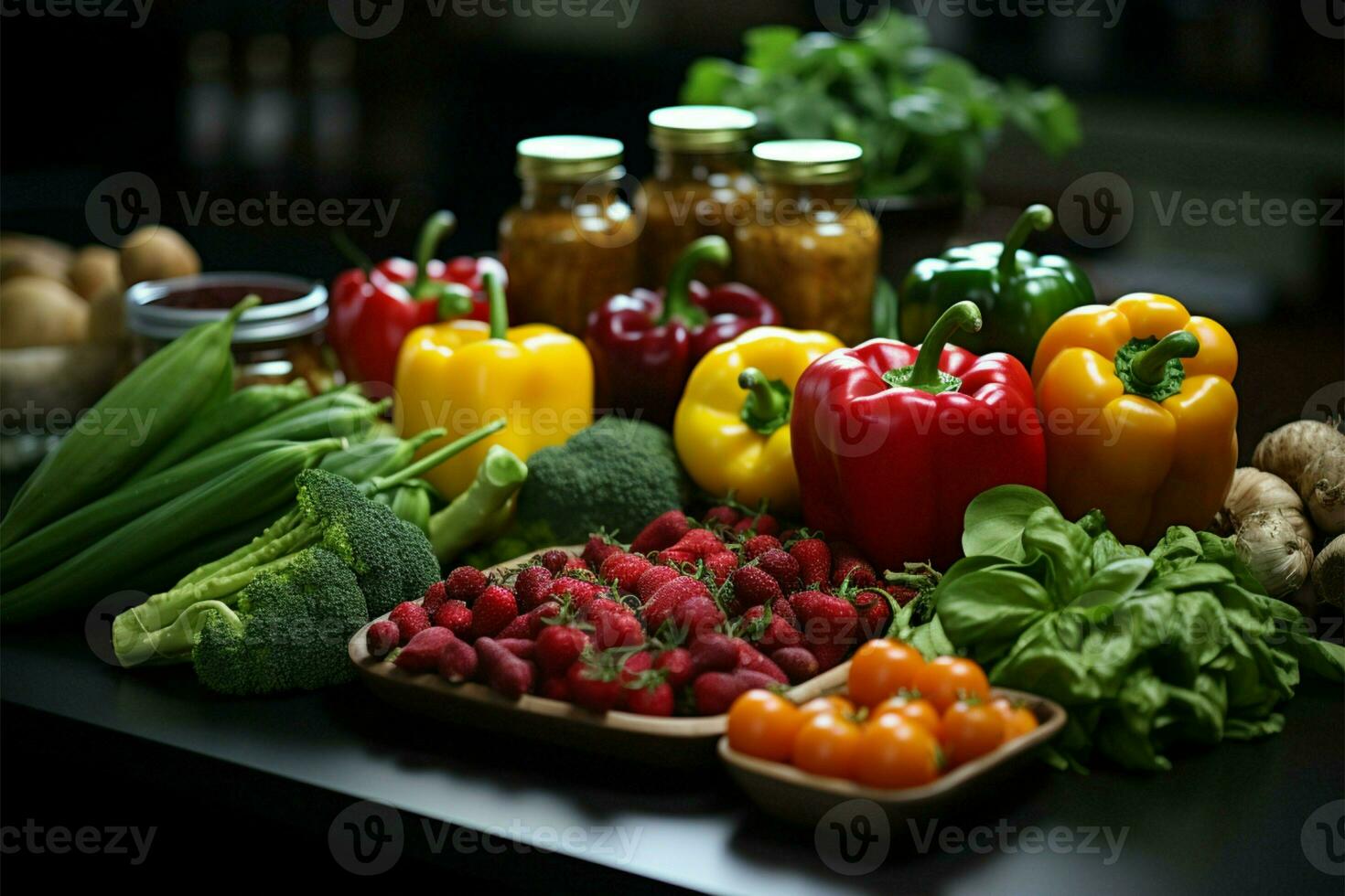 sano comida concepto encarnado por Fresco vegetales y frutas en un oficina escritorio ai generado foto