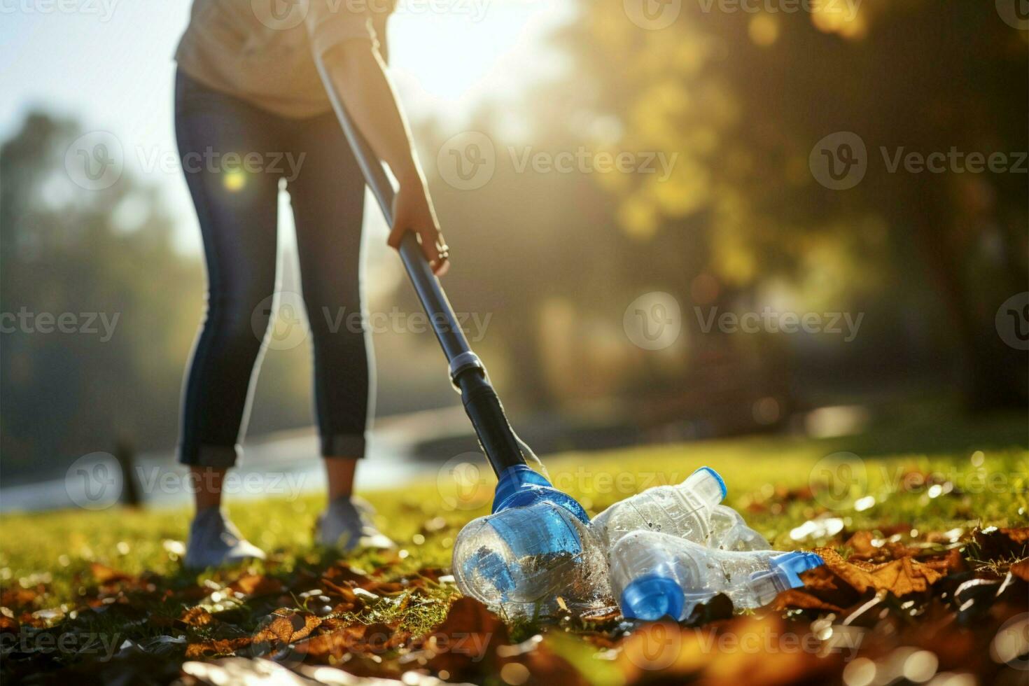 Environmental stewardship, Closeup of person cleaning plastic pollution in a park AI Generated photo