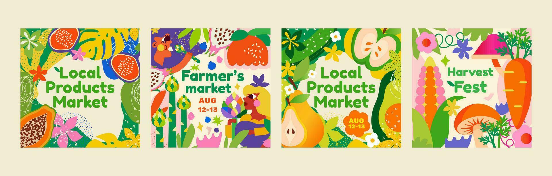 4 templates for a farmers market, harvest festival or food fair. Suitable as a banner, advertisement or signboard .  This design will definitely make your project stand out. vector
