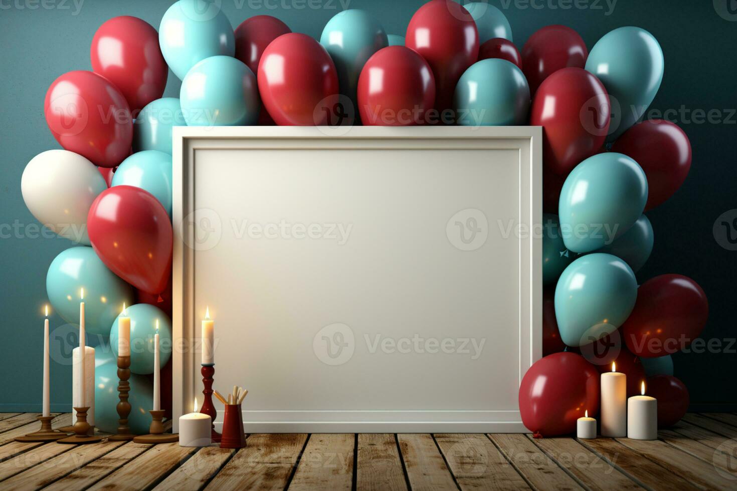Party planning, white frame, colorful balloons, blue wooden table AI Generated photo