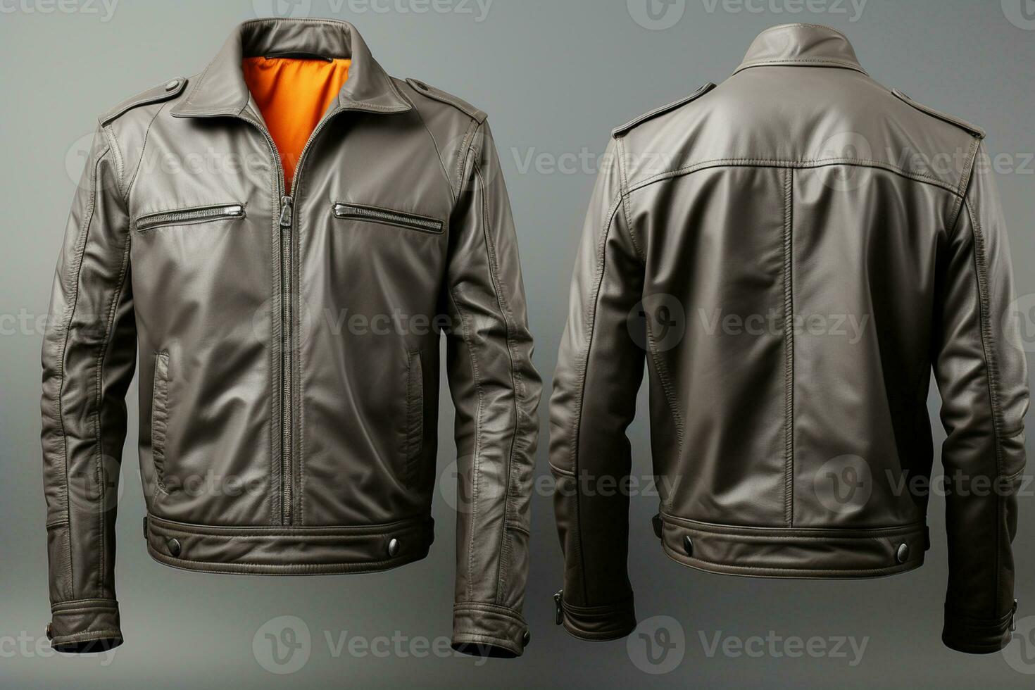 Grey background, front and back view of blank leather jacket AI Generated photo