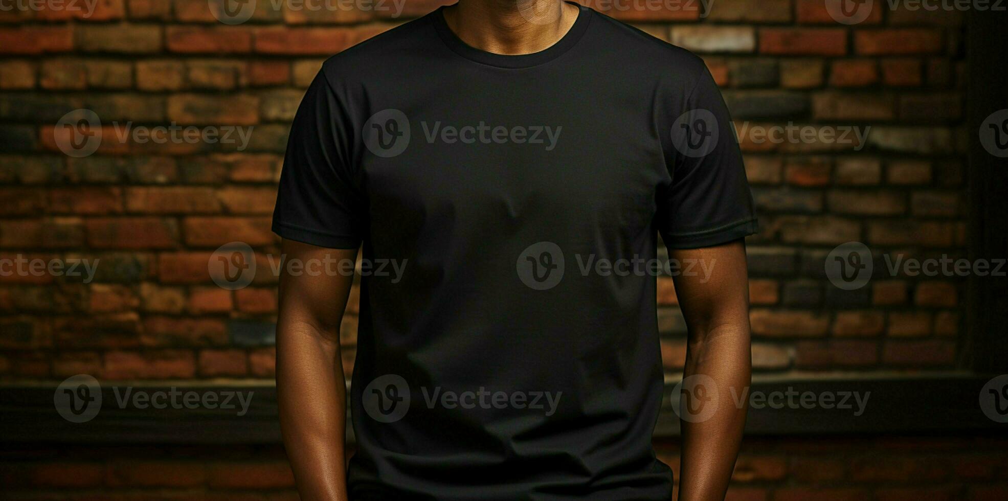 Blank black tee Handsome man, brick wall background, modern look AI Generated photo