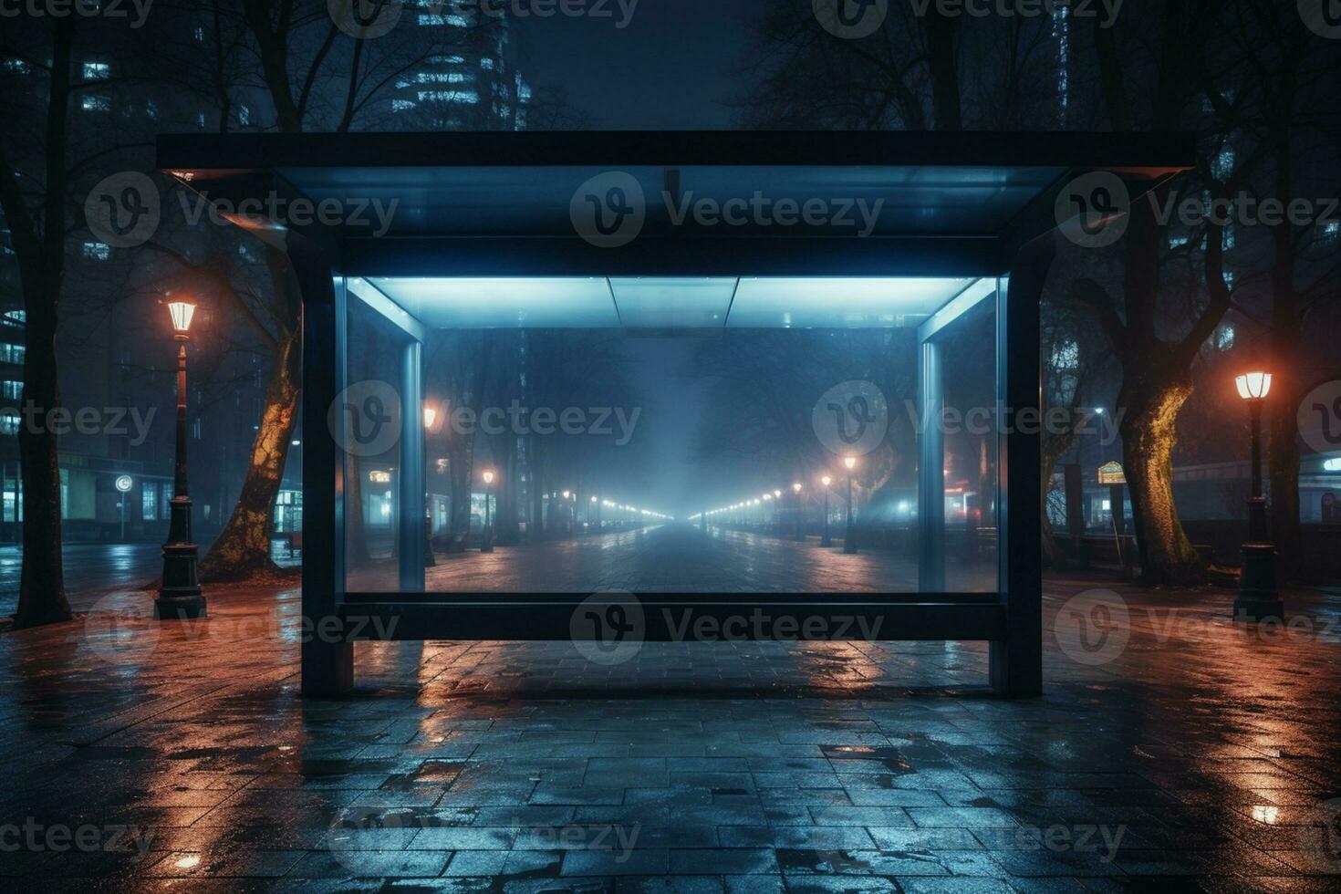 Template banner, night bus station, empty light box mockup AI Generated photo