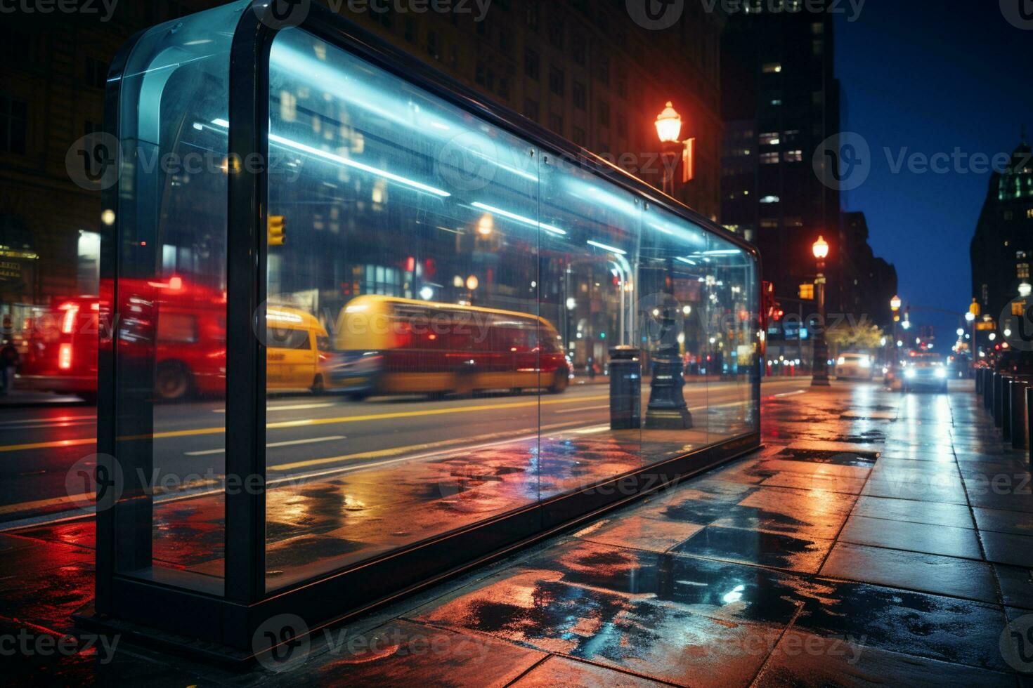 Advertising light box, empty bus stop, city street backdrop AI Generated photo