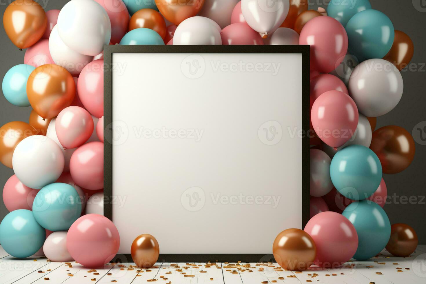 Celebratory mockup, pastel balloons, frame, confetti, flat lay AI Generated photo