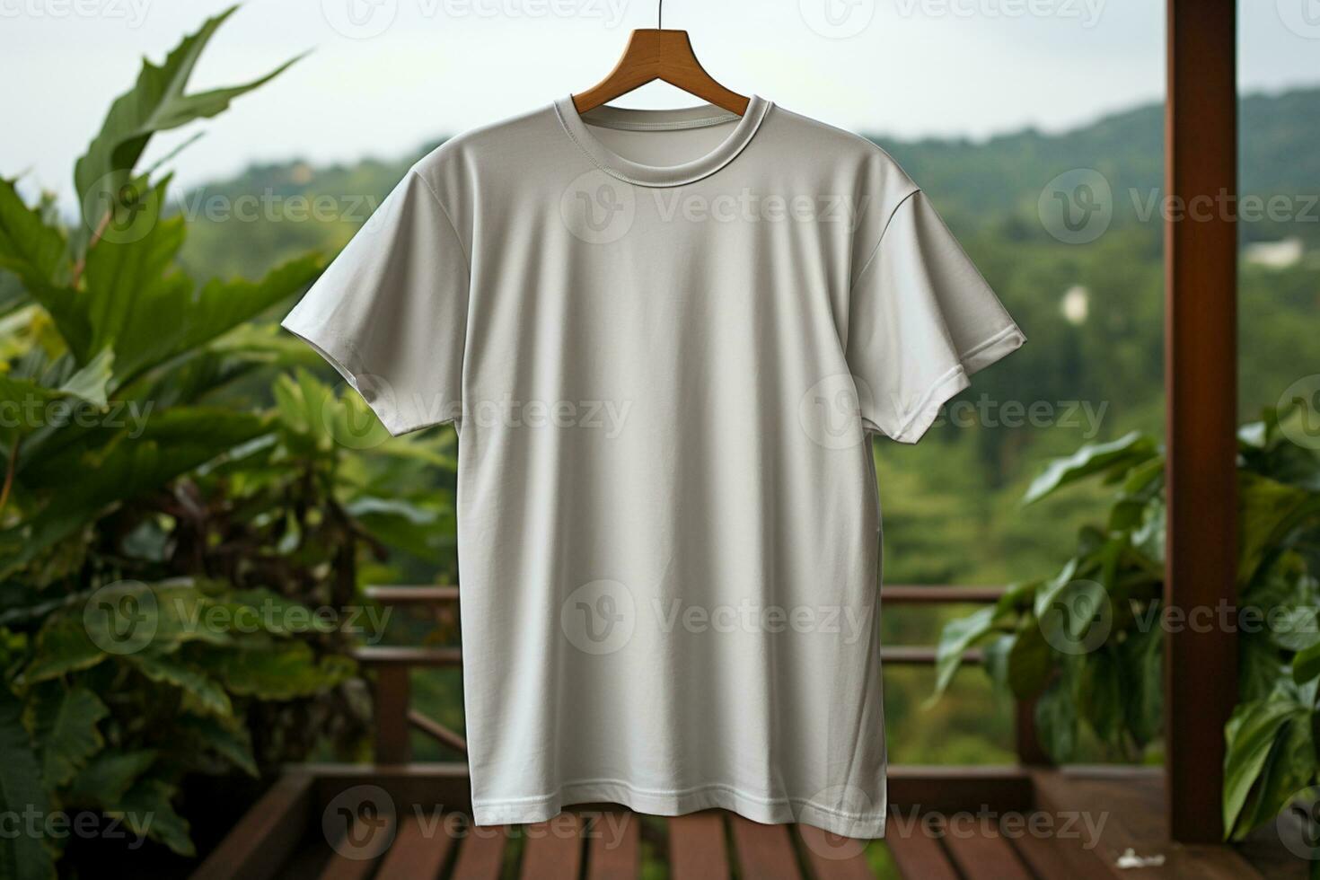 Front view, white tee on hanger Concrete backdrop, no print AI Generated photo
