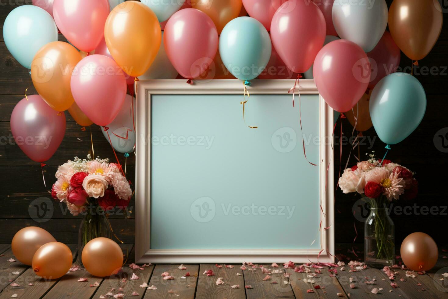 Top view birthday mockup, frame, pastel balloons, confetti, flat lay AI Generated photo