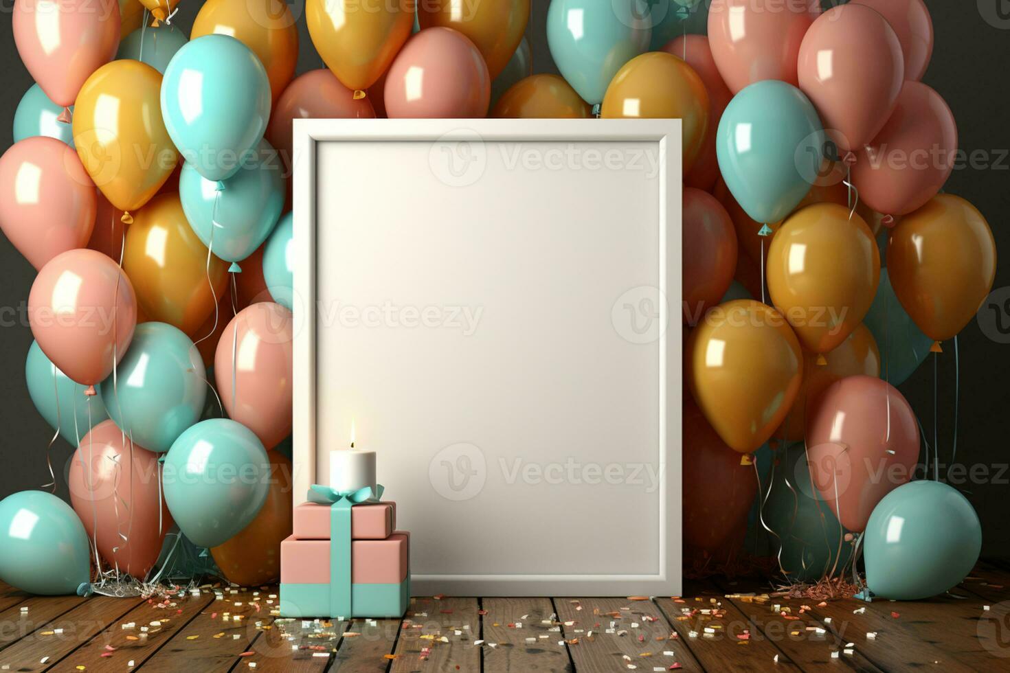 Pastel balloon birthday, frame, confetti, top view mockup AI Generated photo