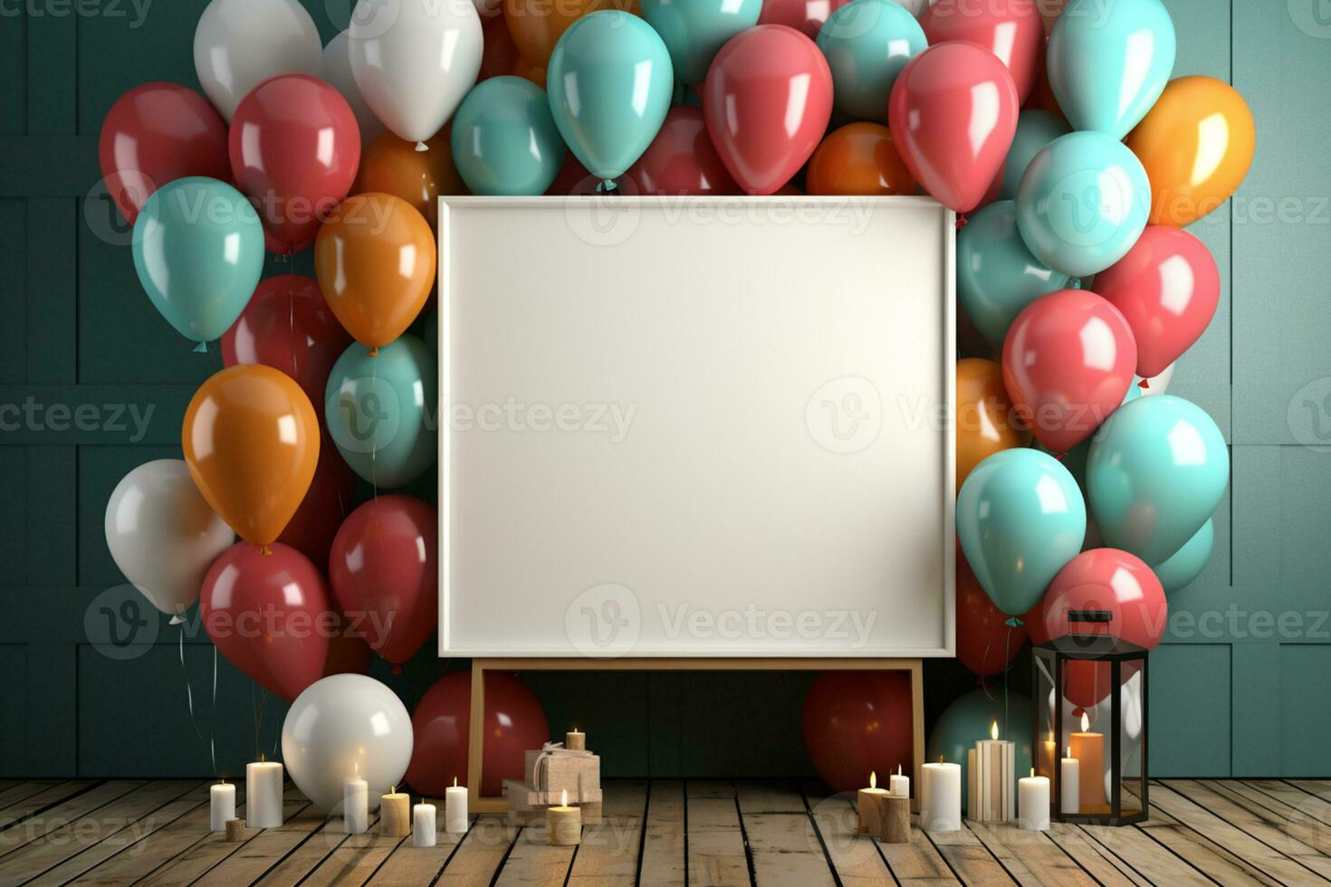 Colorful balloons and white frame on blue wooden table top view Mockup for planning birthday or party AI Generated photo