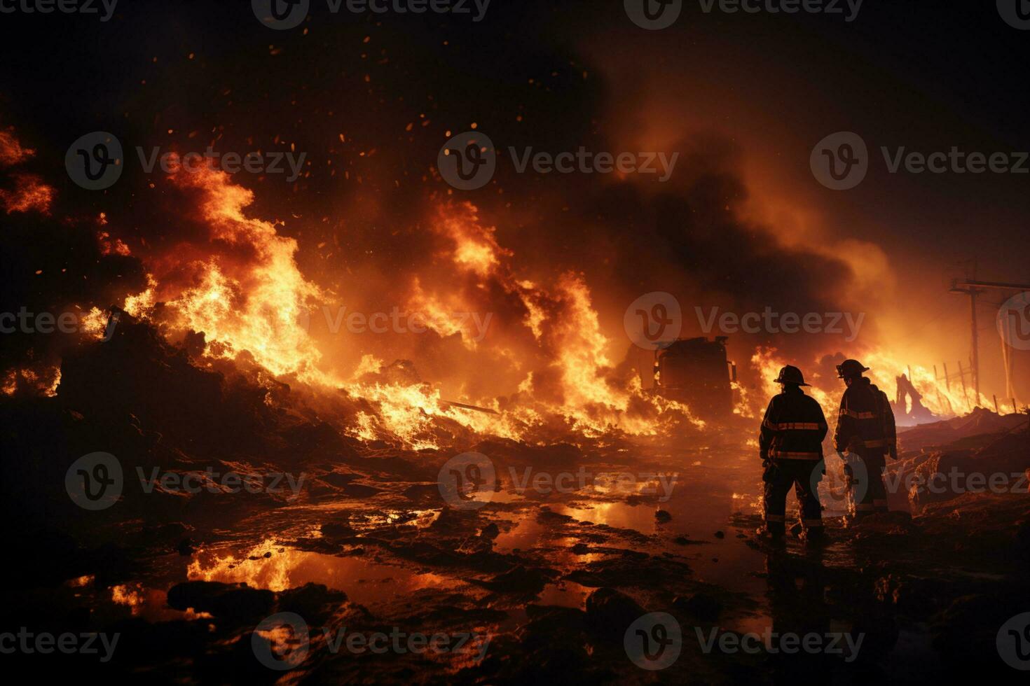 Blazing scrap inferno, two firemen in silhouette AI Generated photo
