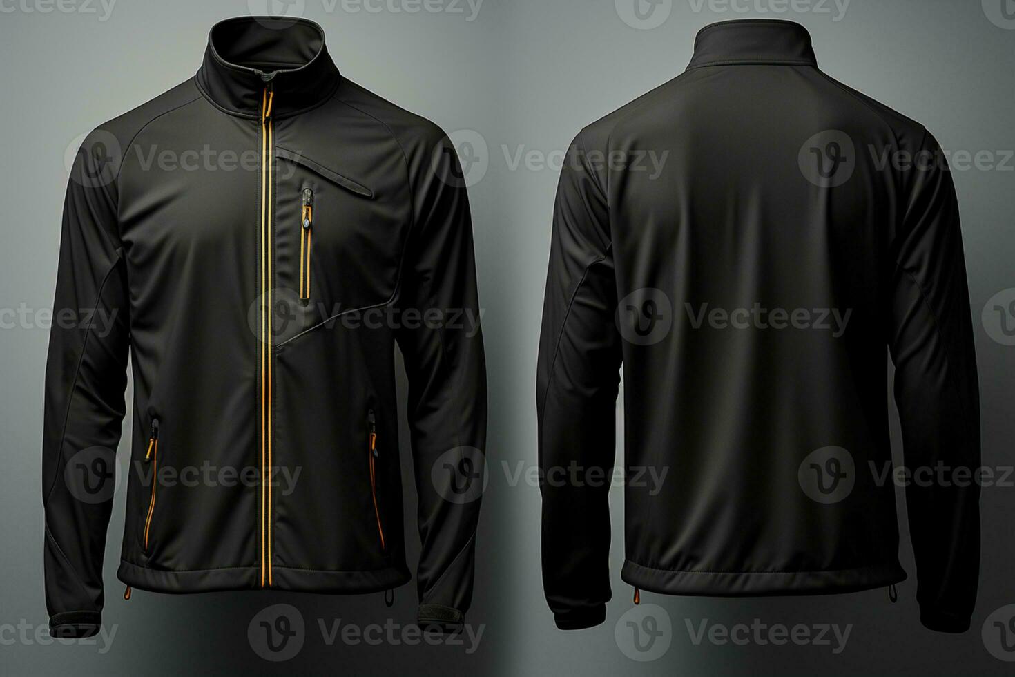 Black long-sleeved jacket, front and back view, isolated on grey AI Generated photo