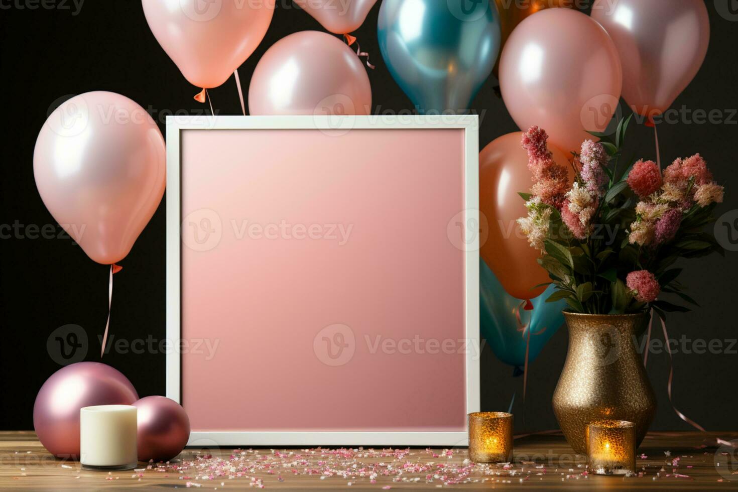 Birthday mockup with frame, pastel balloons and confetti on pink table top view Flat lay style AI Generated photo