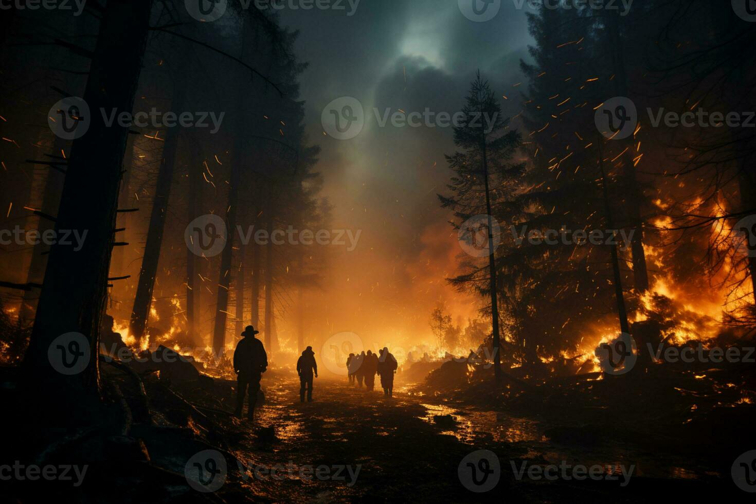 Nighttime firefighting, confronting a wild forest inferno out of control AI Generated photo