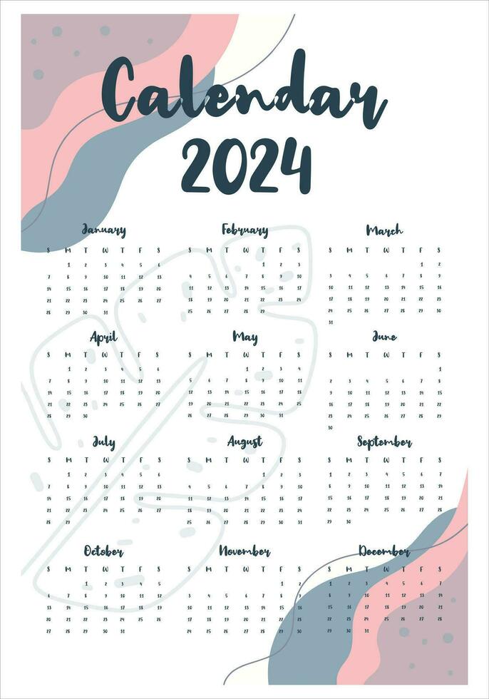 Aesthetic 2024 monthly calendar vector template