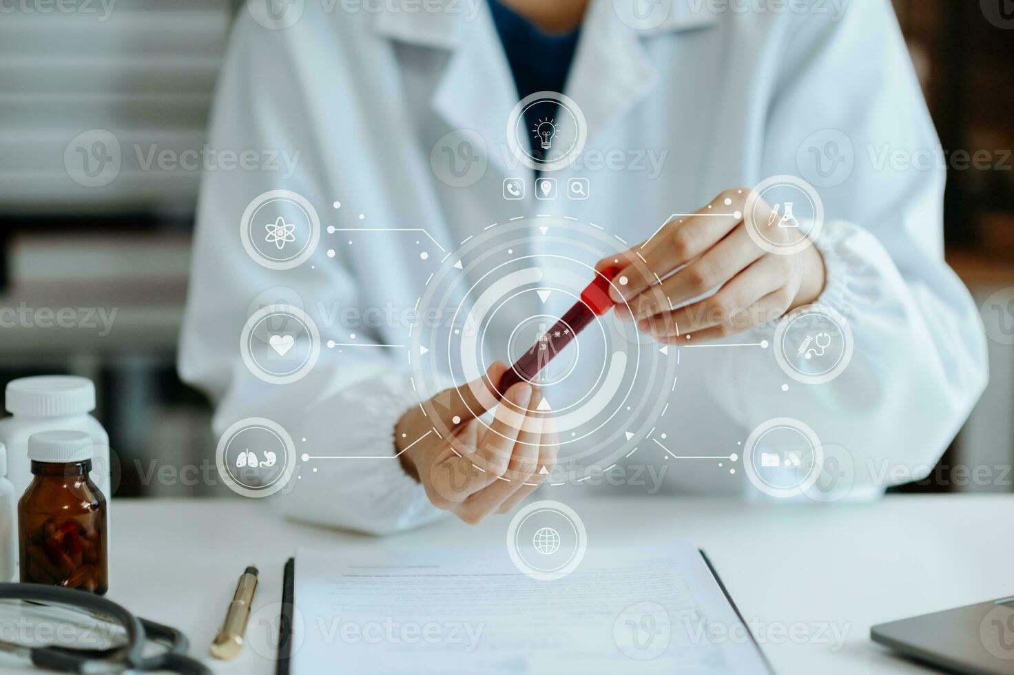 Dctor work on digital tablet healthcare doctor technology tablet using computer in laboratory study with vr icon photo