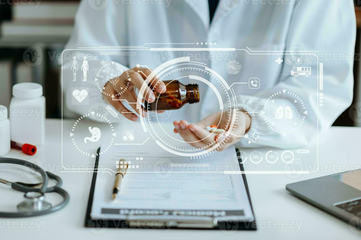 Dctor work on digital tablet healthcare doctor technology tablet using computer in laboratory study with vr icon photo