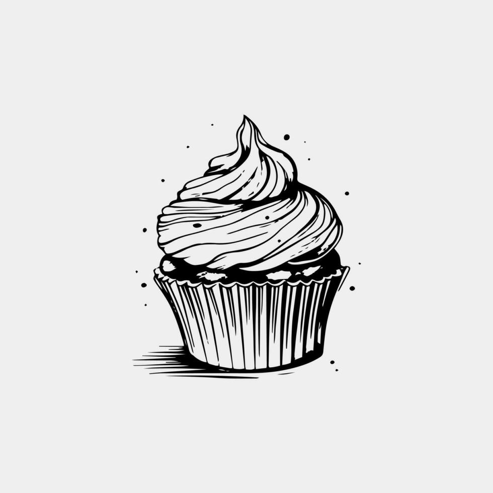 cupcake with a cream, hand drawn vector doodle sketch icon, sweet dessert