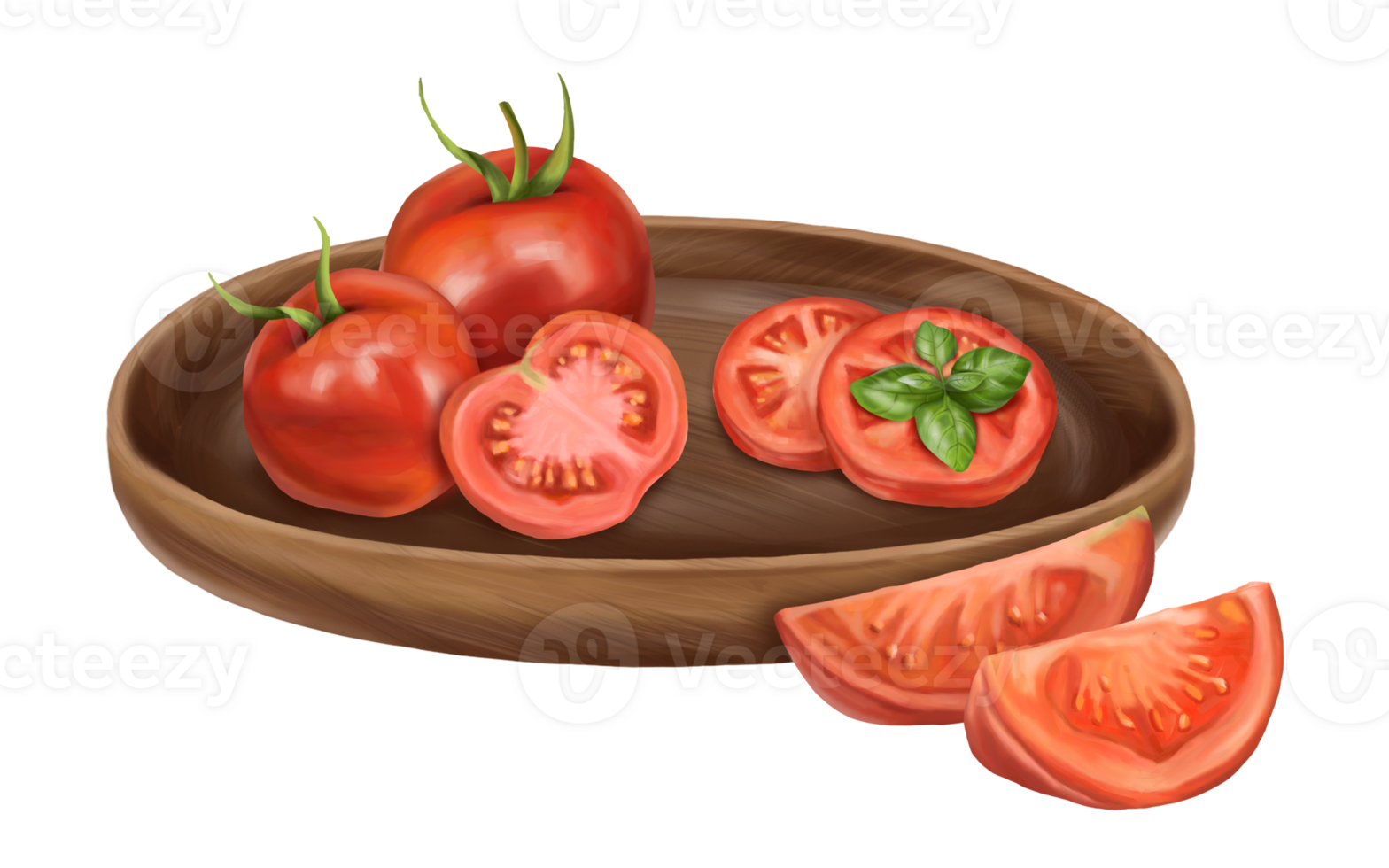 A composition of tomatoes on a tray made of wood. Tomatoes in slices, triangles, with a basil leaf. Digital illustration png