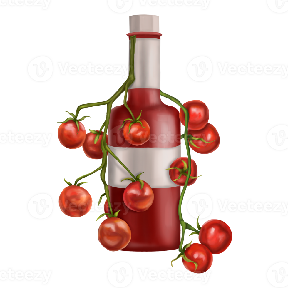 Composition of a glass bottle with tomato paste and cherry tomatoes on a twig. Digital illustration. Applicable for packaging design, postcards, prints, textiles png