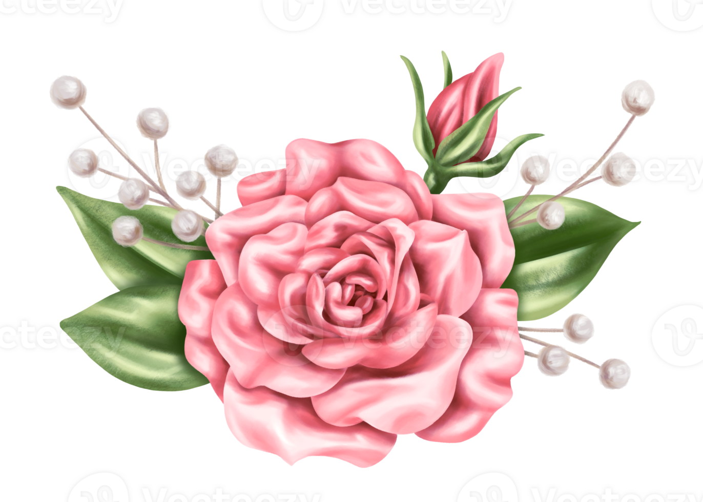 An elegant composition of pink roses, leaves and dried decorative flowers in watercolor style. Digital illustration. For invitations, date saving, gratitude or greeting card. png