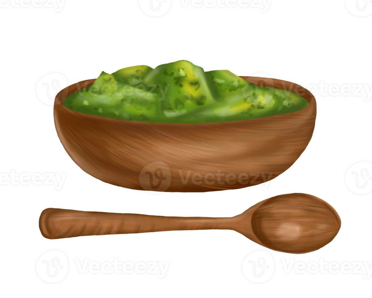 A set of wooden kitchen utensils a cup with green sauce and a large spoon. Digital illustration. For packaging design, postcards, prints, banners, textiles, printing. png