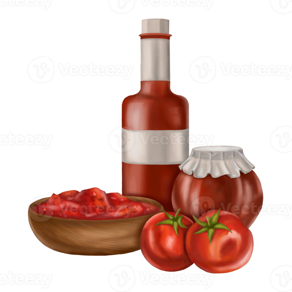 Composition with products from red tomatoes. Glass jar and bottle, wooden bowl. Digital illustration. Applicable for packaging design, postcards, prints, textiles png