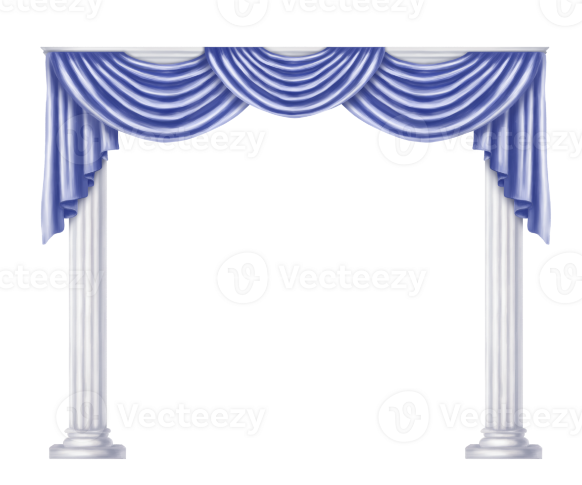 An arch of white marble columns and hanging drapery curtains in the Greek style. Part of ancient ruins, palace, theater stage, scenery of amphitheater. Digital illustration png