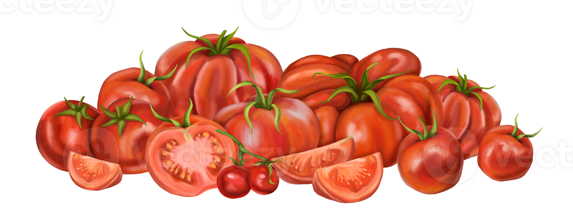 A large composition of red ripe tomatoes of different varieties. Slices