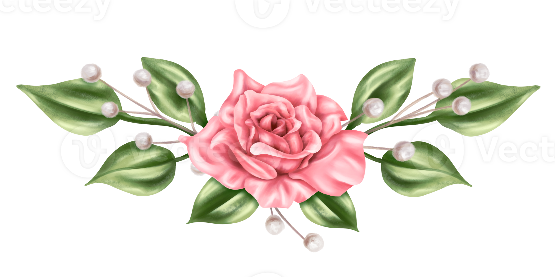 An elegant composition of pink roses, leaves and dried decorative flowers in watercolor style. Digital illustration. For invitations, date saving, gratitude or greeting card. png