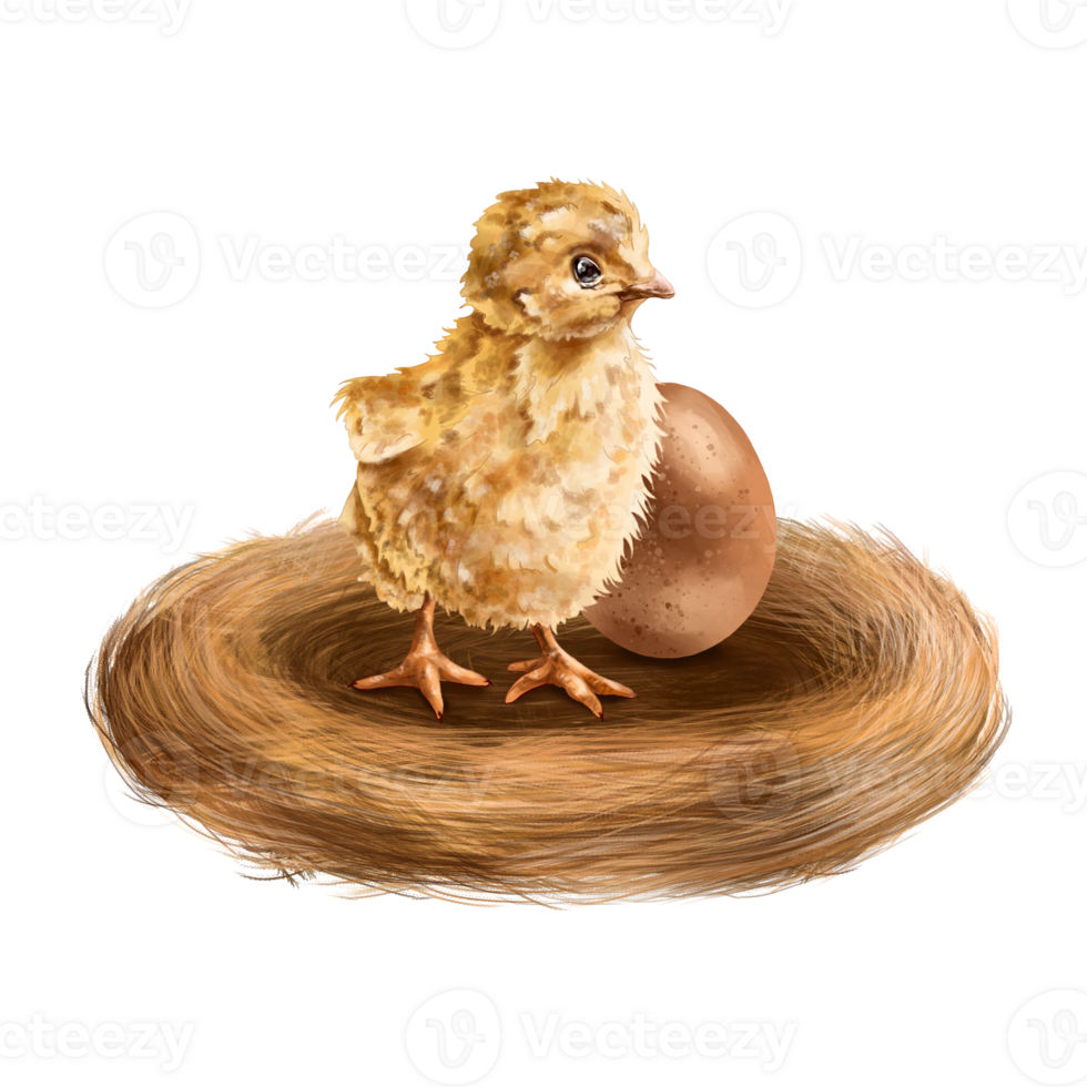 Farmer's composition of yellow chicken and eggs in a nest of hay and twigs. Digital illustration. For packaging design, postcards, prints, banners, textiles, printing. png