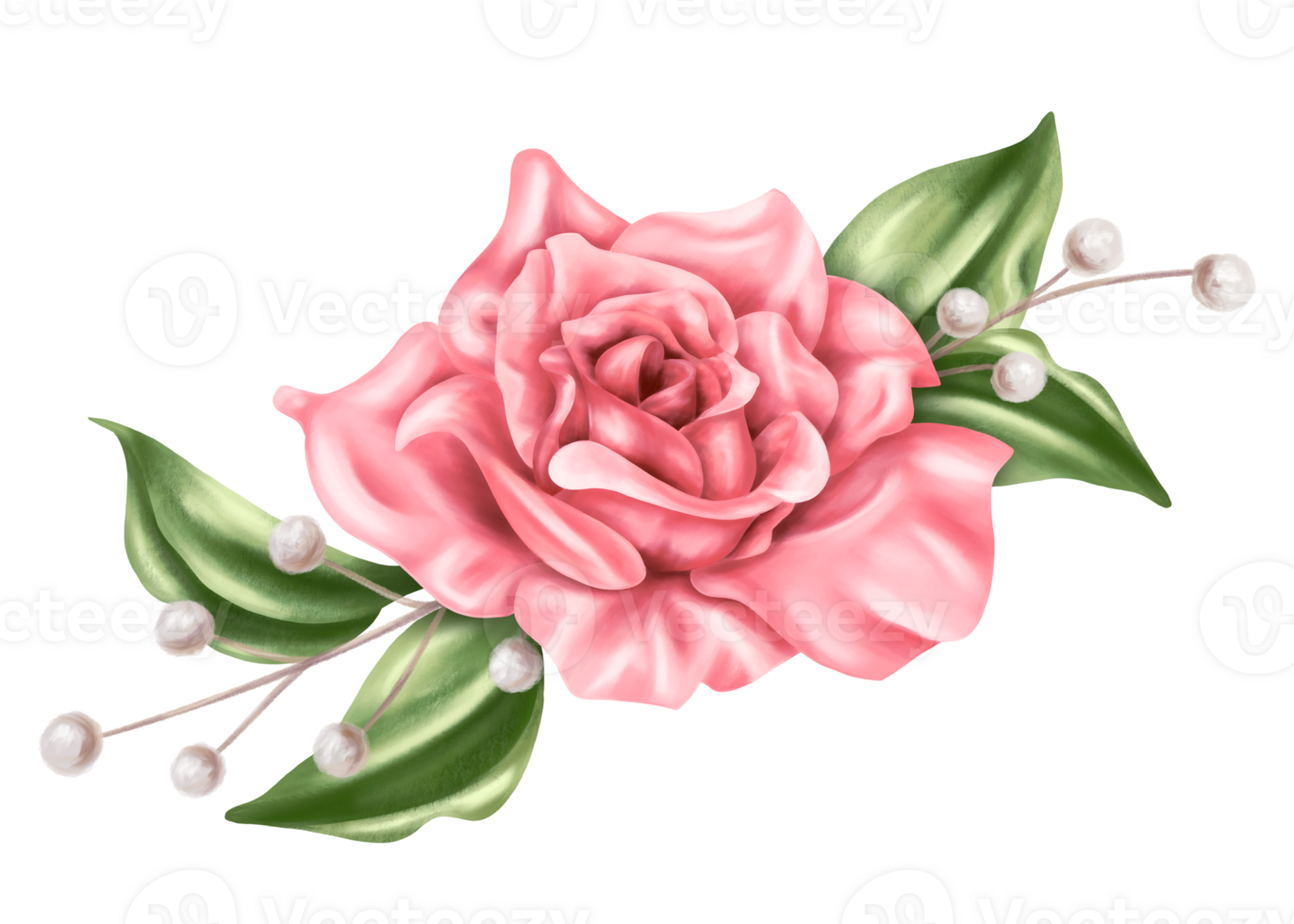 An elegant composition of pink roses, leaves and dried decorative flowers in watercolor style. Digital illustration. For invitations, date saving, gratitude or greeting card. png