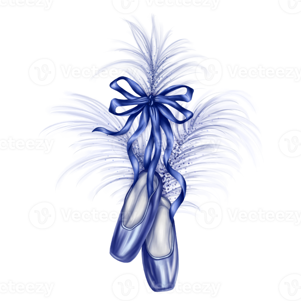 Blue shiny ballet pointe shoes with ribbons and bows. Women's dancing