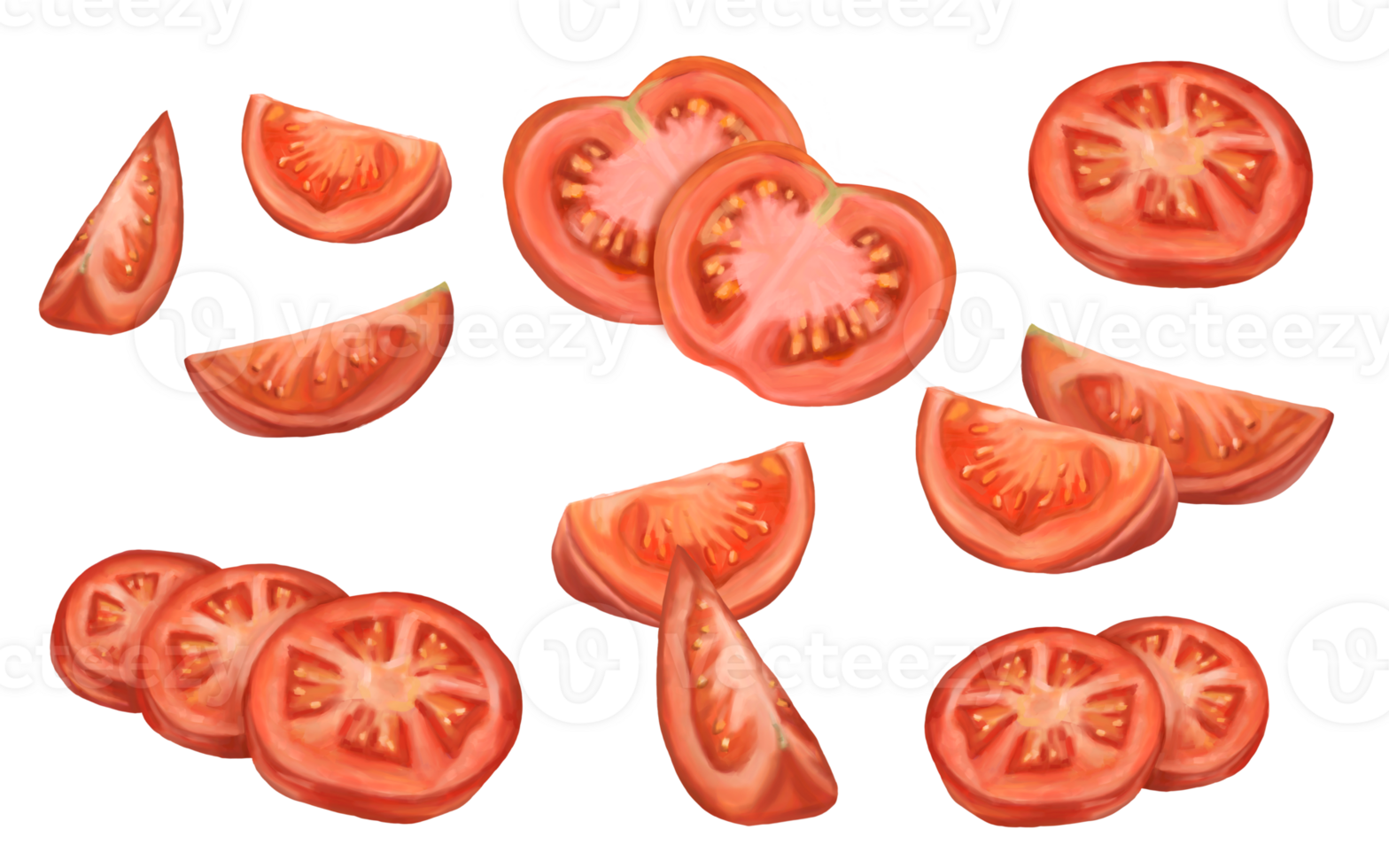 A large set of sliced tomatoes. Slices, triangles, halves. Digital illustration. Applicable for packaging design, postcards, prints, textiles png