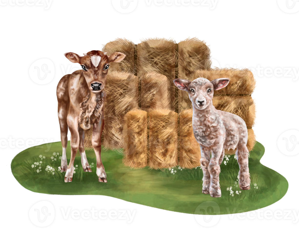 A farmer's composition of haystacks and sheep and cow cubs. For postcards, textiles, booklets, banners, stickers. Digital illustration png