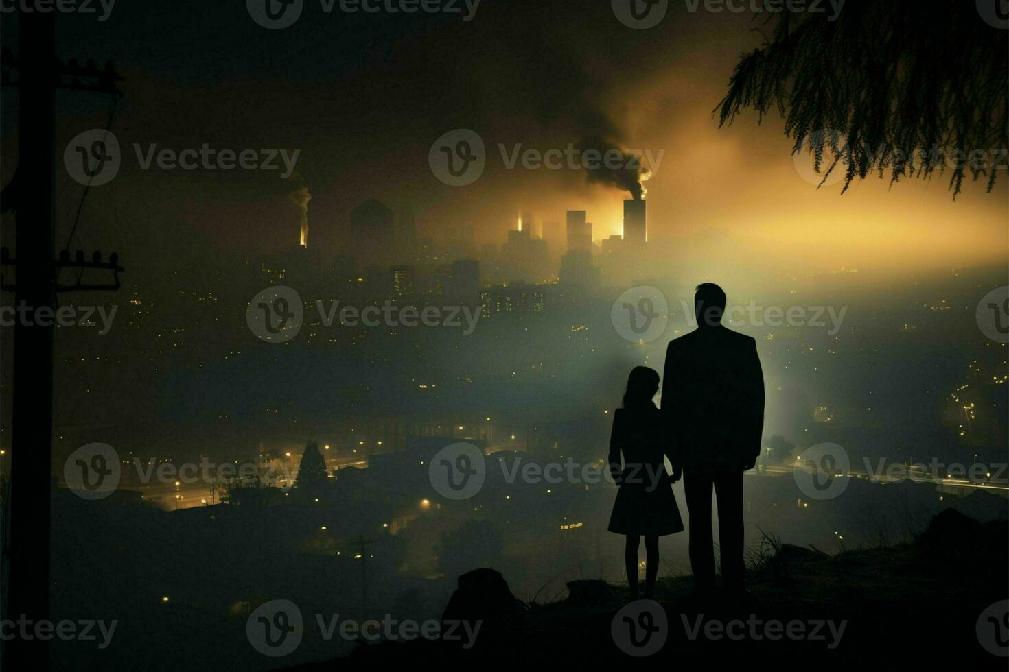 Urban smog, coughing silhouettes, the fight against lung cancer AI Generated photo