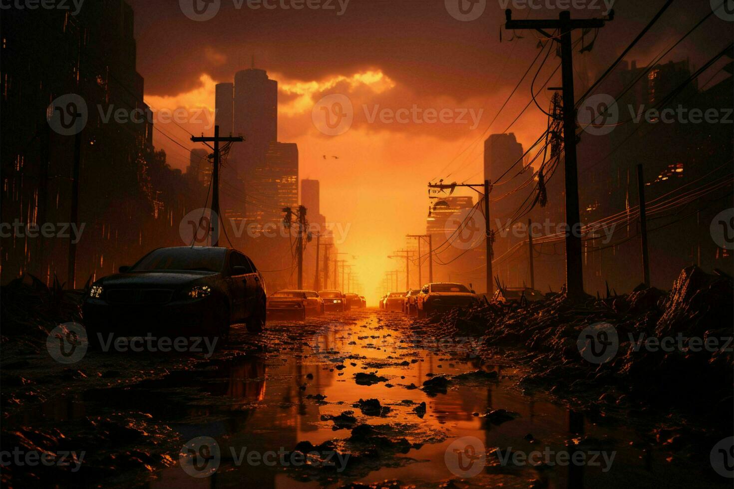 Sunrise battles smog in city streets AI Generated photo