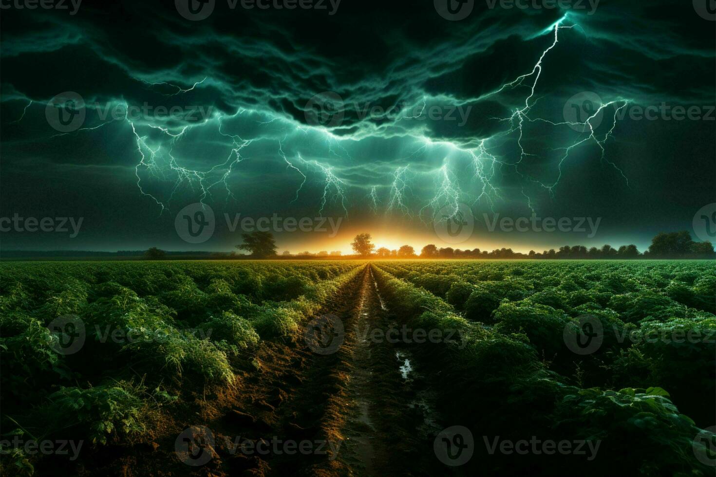 Thunderous lightning in lush meadow AI Generated photo