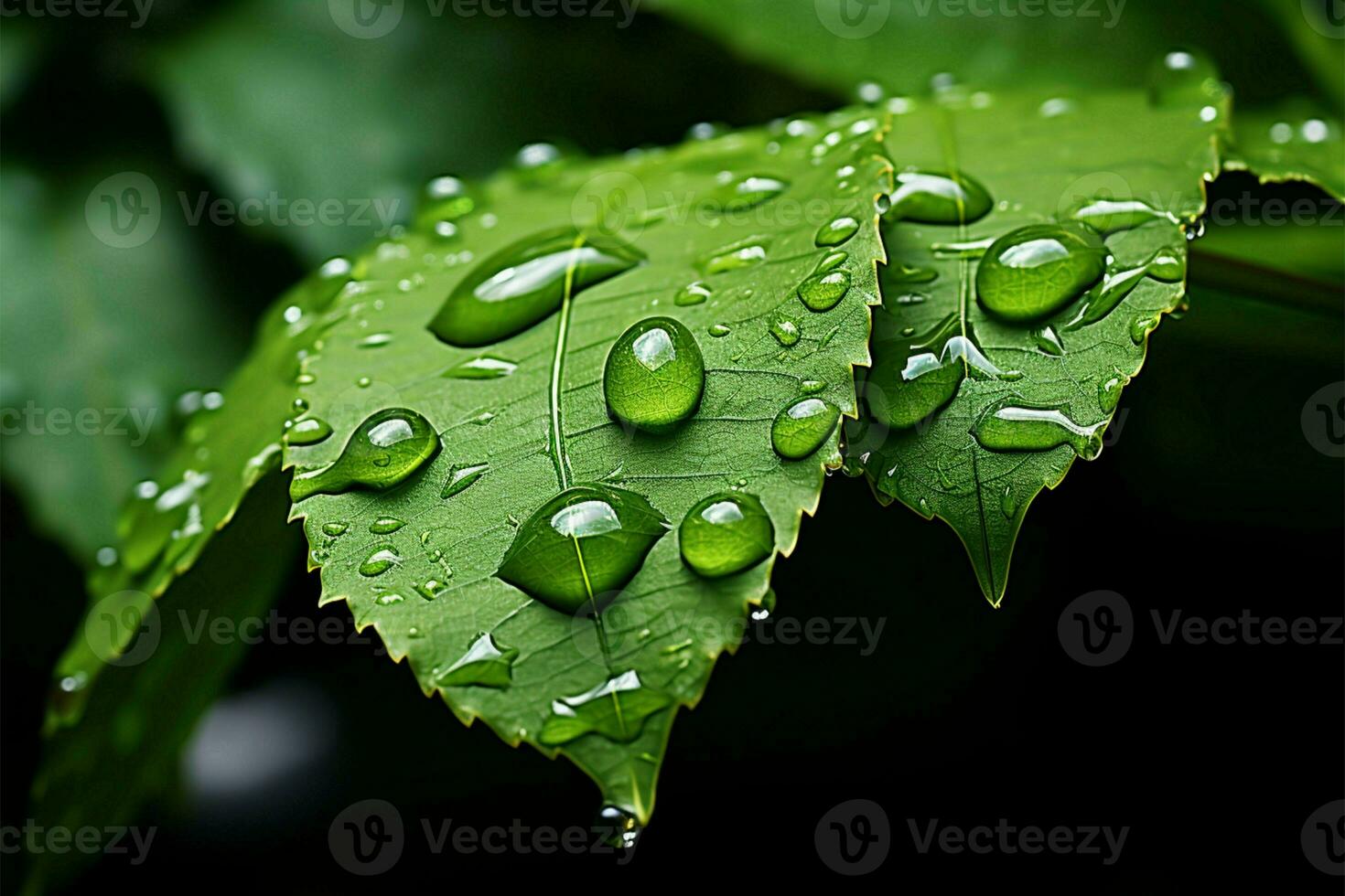 Macro shot shows water falling off leaf AI Generated photo