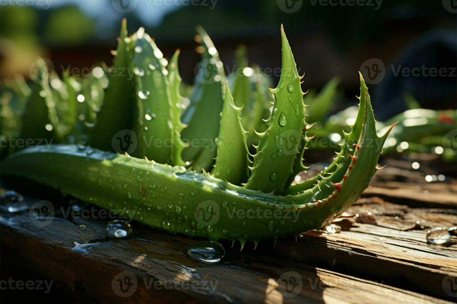 Rustic wood hosts aloe leaves and juice AI Generated photo